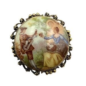 Vtg Courting Couple Brooch Porcelain Limoges Mid-Century  Jean-Honoré Fragonard